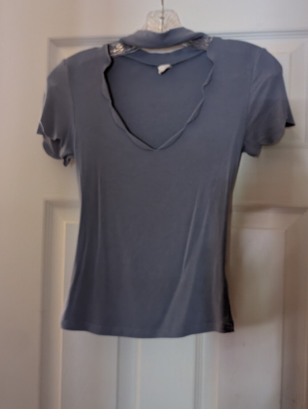 Allegra K Slate Blue Short Sleeve V-Neck Tee